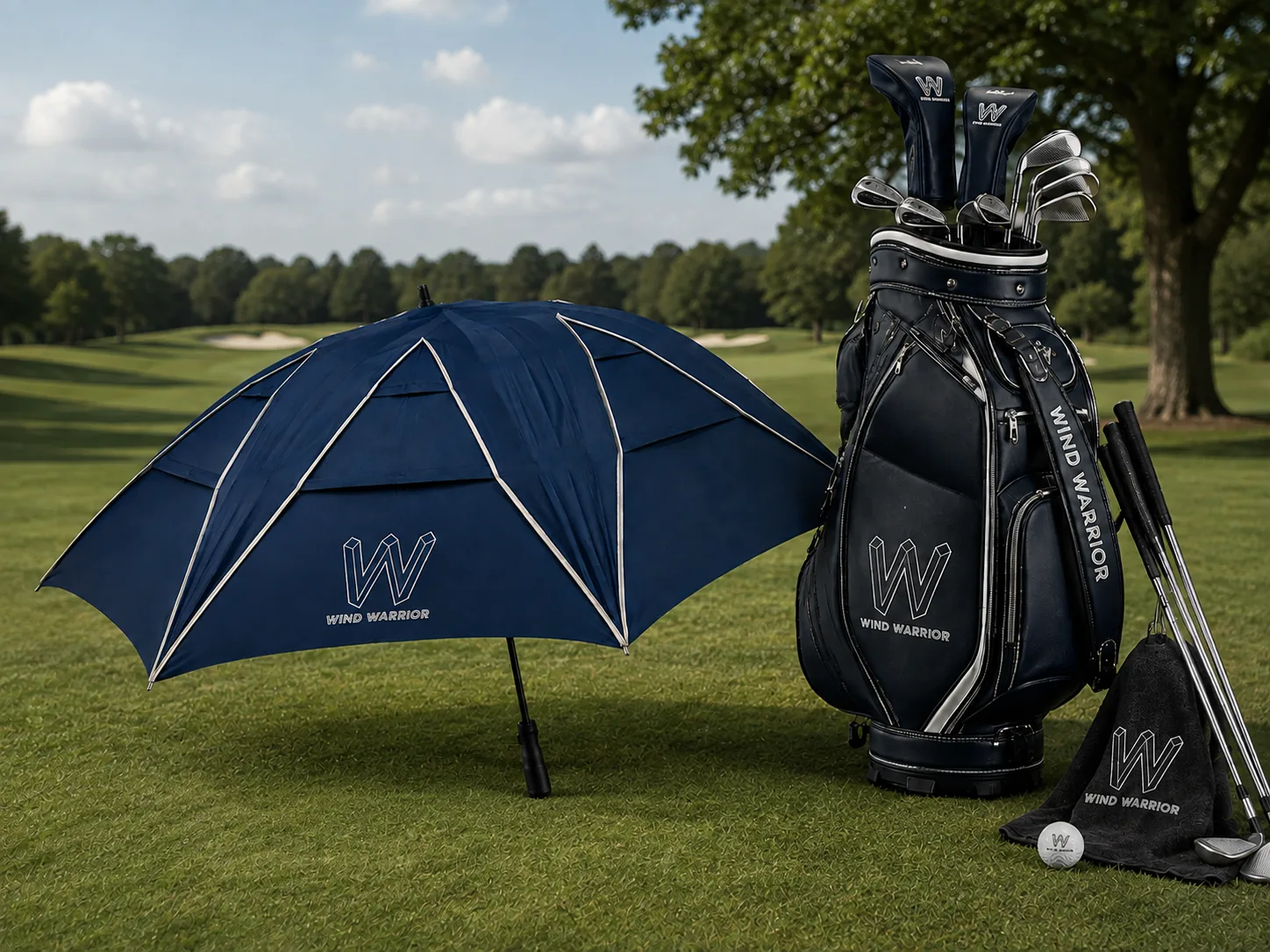 Wind Warrior umbrella displayed beside premium golf gear
